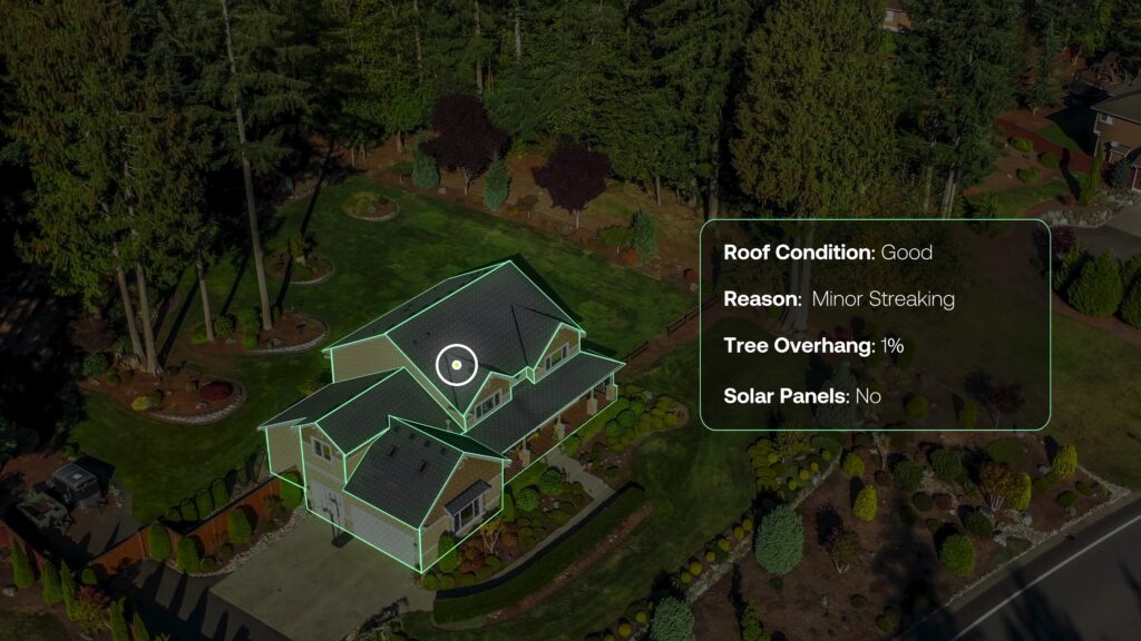 An example of geospatial data derived by computer vision for a single home: "Roof Condition: Good, Reason: Minor Streaking, Tree Overhang: 1%, Solar Panels: No".